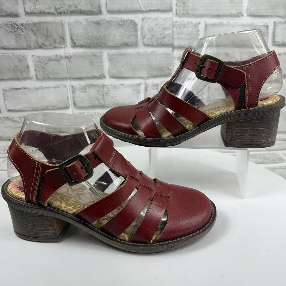 Fly London Women's Size 38-7.5 US Red Leather Block Heel Mary Jane Chunky Shoes